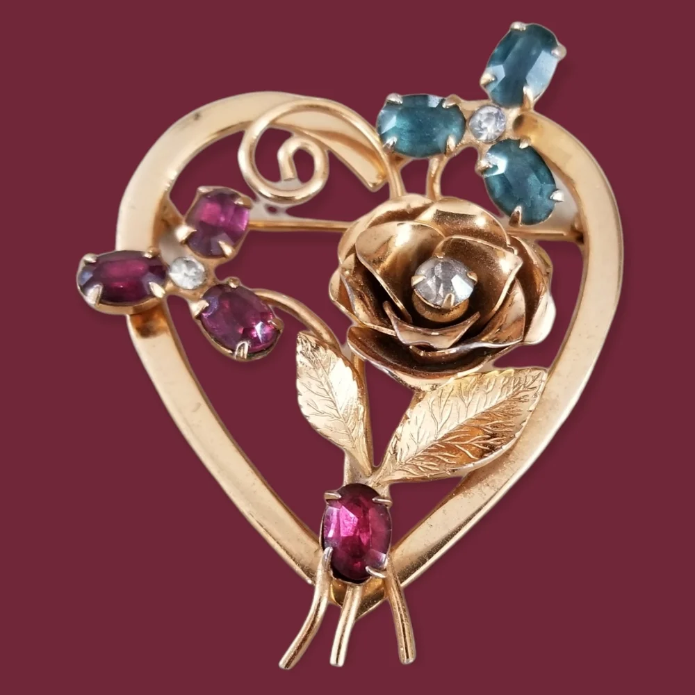 Vintage Signed Coro Gold Tone Heart Brooch Ruby Sapphire Rhinestone